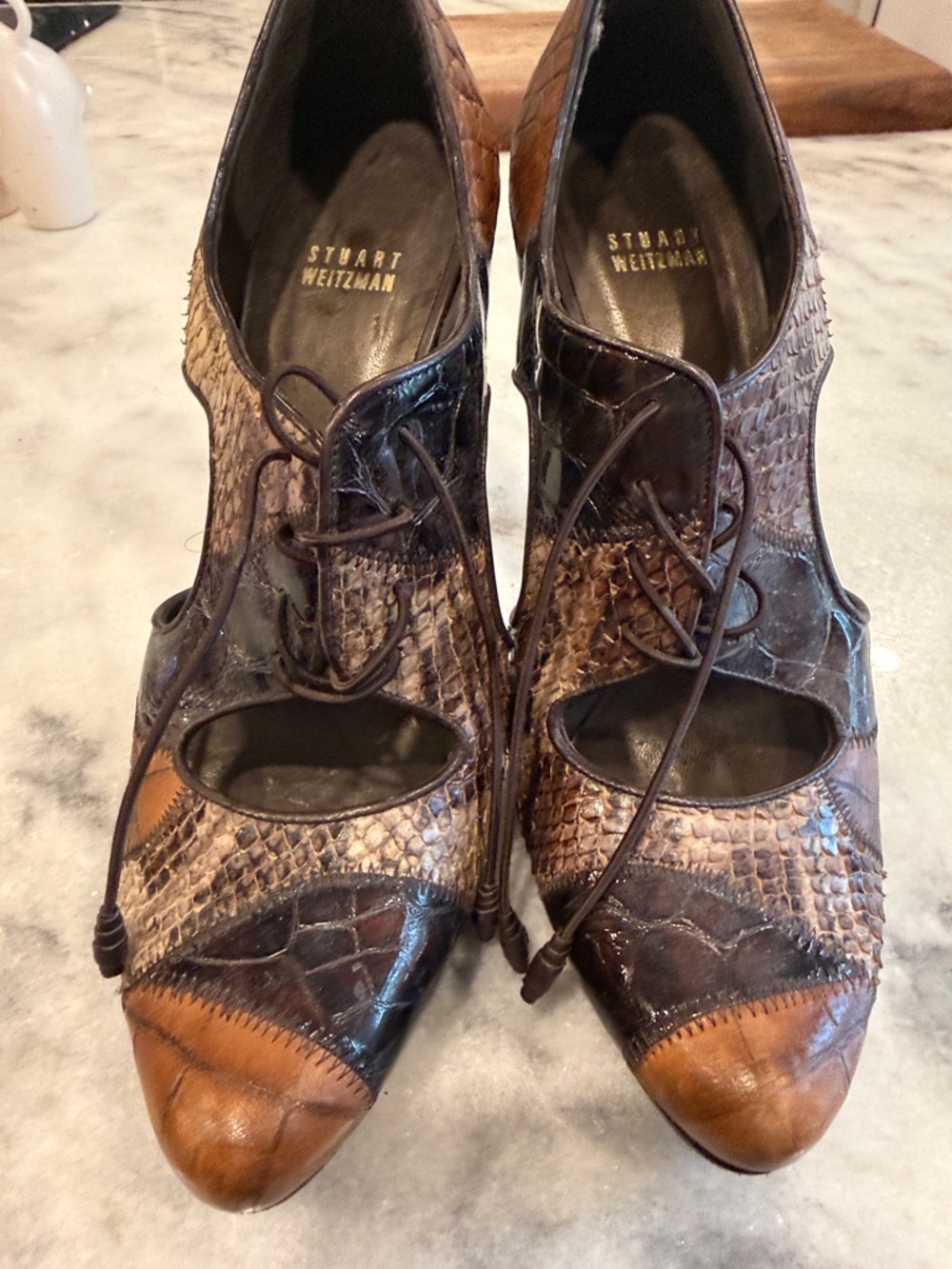 Stuart Weitzman Brown Multi-Tone Lace-Up Leather Heels